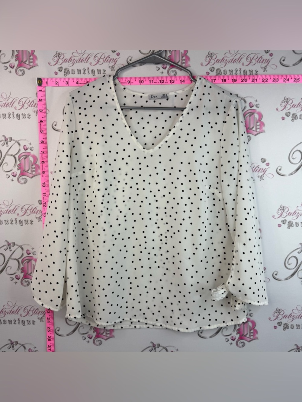 Dex Cream V-Neck Blouse with Black Polka Dots Lightweight Breathable Blouse